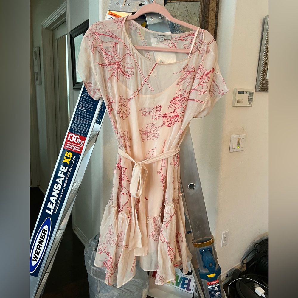 All Saints pink slip dress with emboridered flower overlay  Size Medium